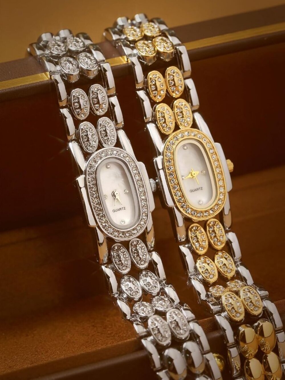 Women's Two Tone White Luxury Vintage Rhinestone Bracelet Oval Quartz Wristwatch - Picture 6 of 6